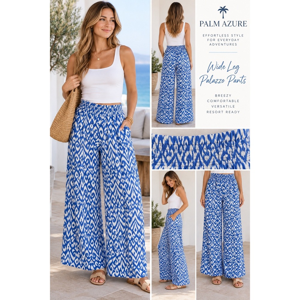 Palm Azure Womens L Blue White Ikat Palazzo Pants Wide Leg Boho Resort